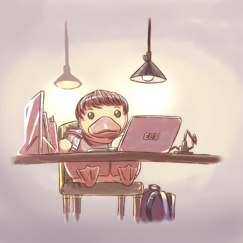 カフェで仕事をするアヒルのイラスト