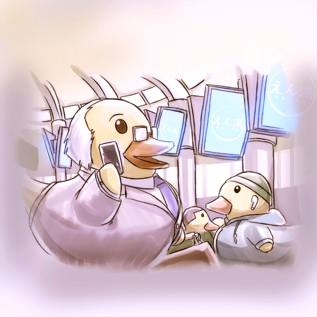 駅で電話をするアヒルのイラスト