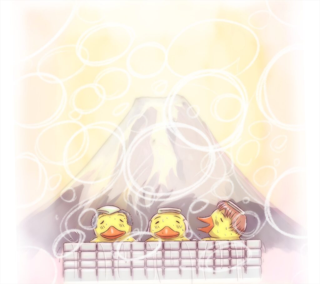 銭湯で入浴をするアヒル達のイラスト